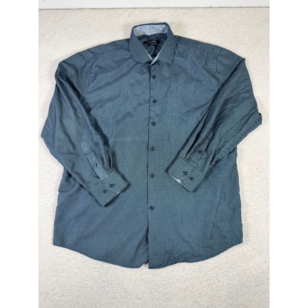 Nine West Button Down Shirt Mens L Navy Blue Slim Fit Geometric Print Excellent